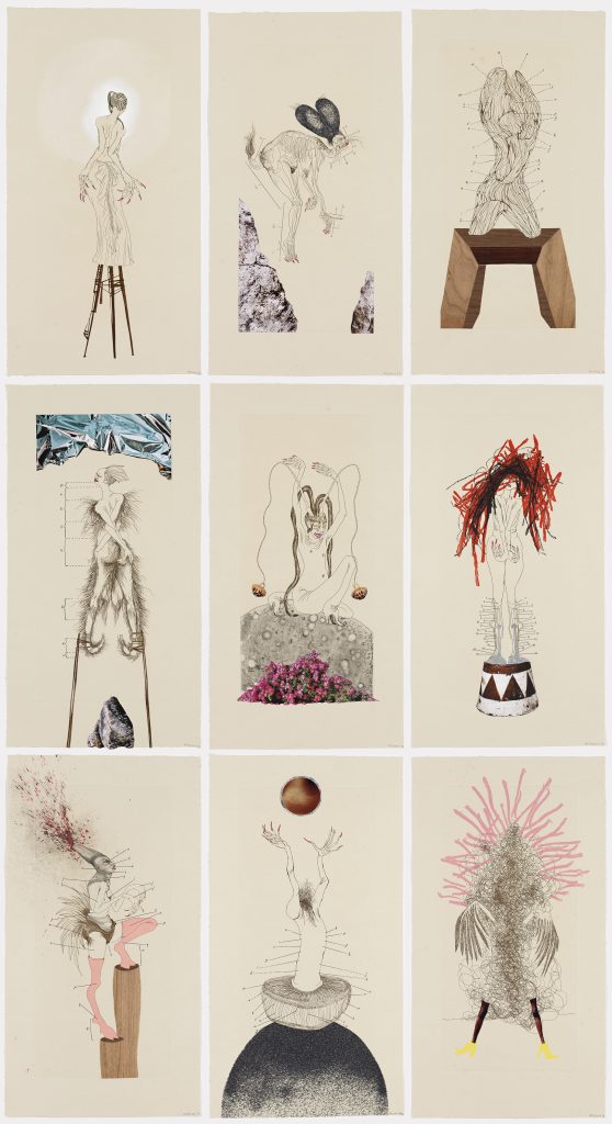 Wangechi Mutu, The Original Nine Daughters, 2012, Edition of 30. © Wangechi Mutu Courtesy the artist and Victoria Miro Work on paper by Wangechi Mutu, depicting nine figures