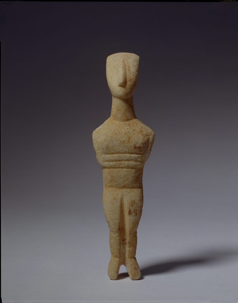 Goulandris Master, female figure with folded arms, c. 2700–2400 BC. Donated by Robert and Lisa Sainsbury, 1973 A marble figure from circa 2700–2400 BC