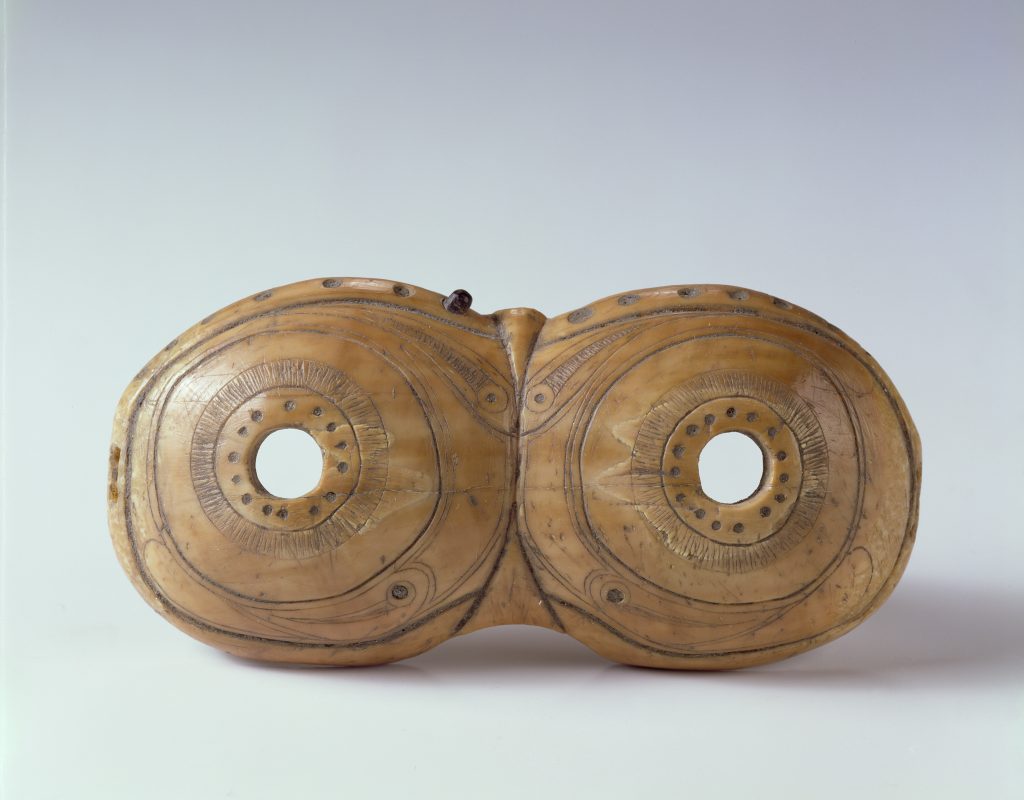 Snow goggles, c400–600AD, made from Walrus ivory, Ipiutak culture, produced in Alaska, possibly in the region of Point Hope, Chukchi Sea Carved walrus ivory snow goggles resembling owl eyes
