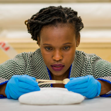 Sethembile Msezane with the snuff spoon she focused on as part of her residency. Photo: Andy Crouch