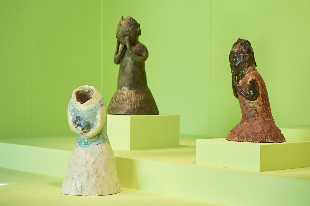 Leiko Ikemura's White Figure with Blue Miko, 1996, Yellow Figure with Three Arms, 1996/2019, and Standing, 1995, on view at the Centre's exhibition. Photo: Andi Sapey Sculptures by Leiko Ikemura on view at the Sainsbury Centre