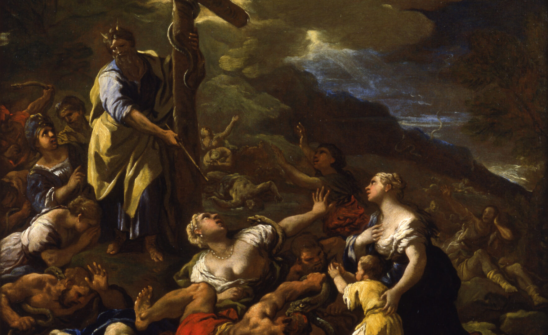 A classical figurative painting. Luca Giordano, The Brazen Serpent, c1690, oil on canvas (CVCSC:0380.2.S) coptright Compton Verney