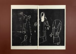 Black and white mono print on paper in two parts of three nuns dancing, mounted on a dark brown background