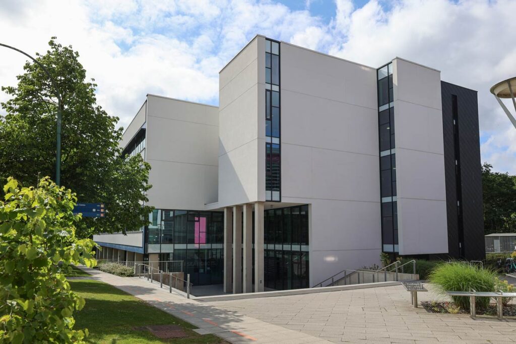 Exterior view of a building on the campus of the University of East Anglia, inside is the Changing Places toilet